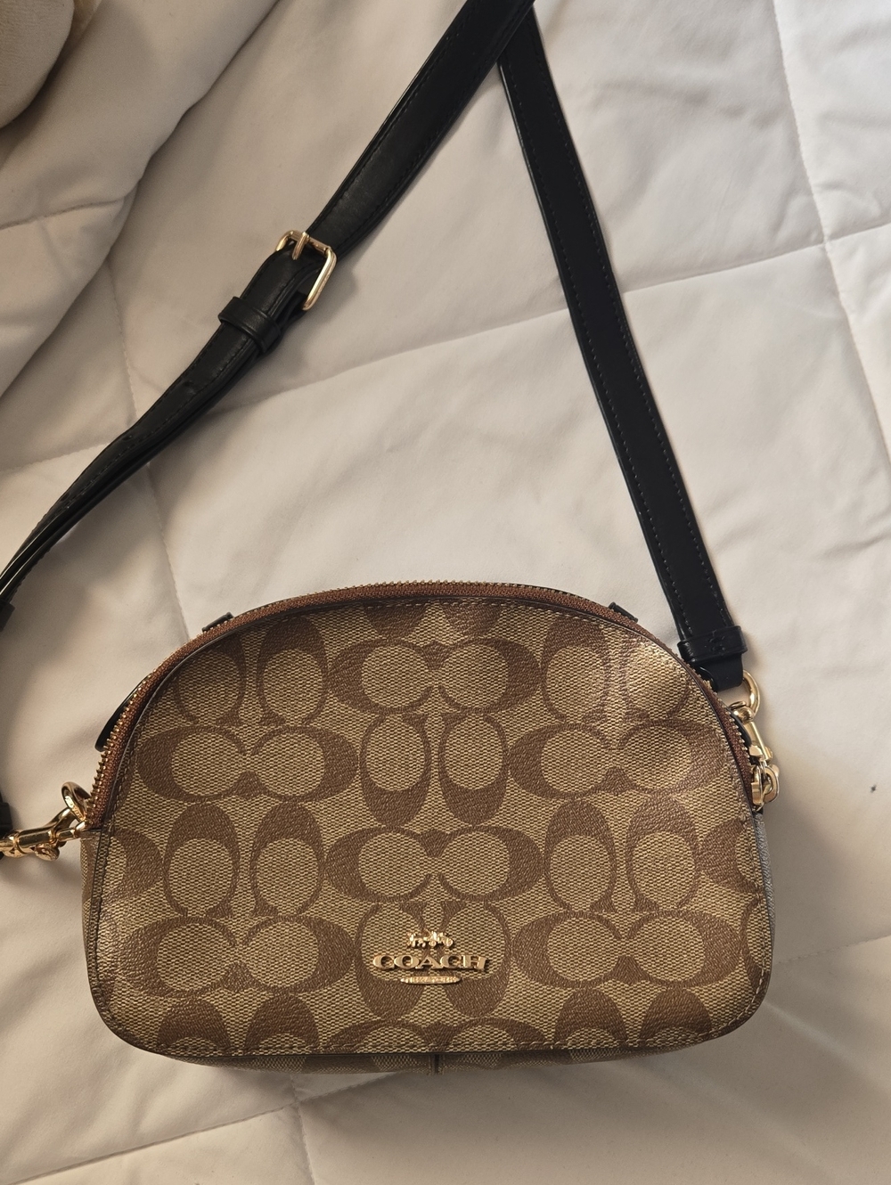 Coach Brown Signature Canvas Dome Crossbody with Black Strap